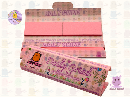 Papel de liar tamaño king rosa Daily Grind™ con puntas para cucarachas: ¡alta calidad, súper lindo! 33 Hojas + Tarjeta Filtro. Regalo