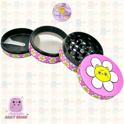 Chat mignon dans une fleur Kawaii Pink Daisy Design - 50mm 4 pièces de haute qualité personnalisé en métal broyeur d'herbes cadeau 