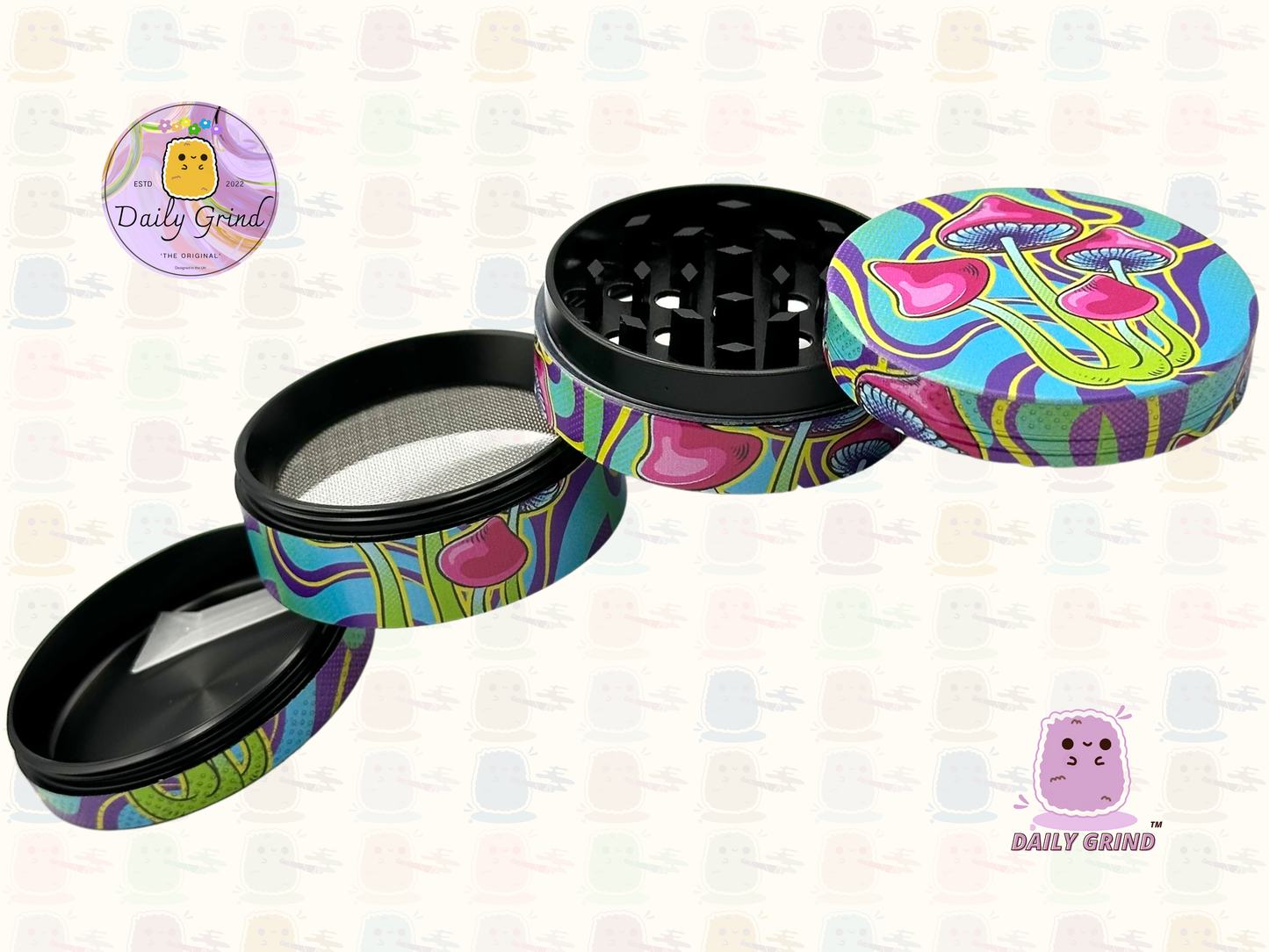 Neon Mushroom Trippy Tie Dye - 50mm 4-Piece High Quality Custom Metal Tobacco Herb Grinder Gift Idea