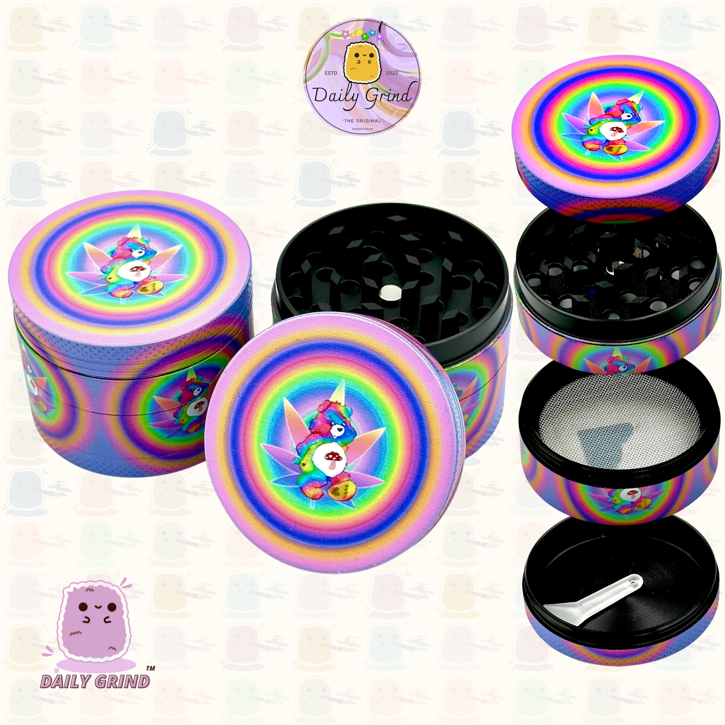 Ours coloré mignon psychédélique – 50 mm, 4 pièces, broyeur d'herbes en métal de haute qualité, cadeau 