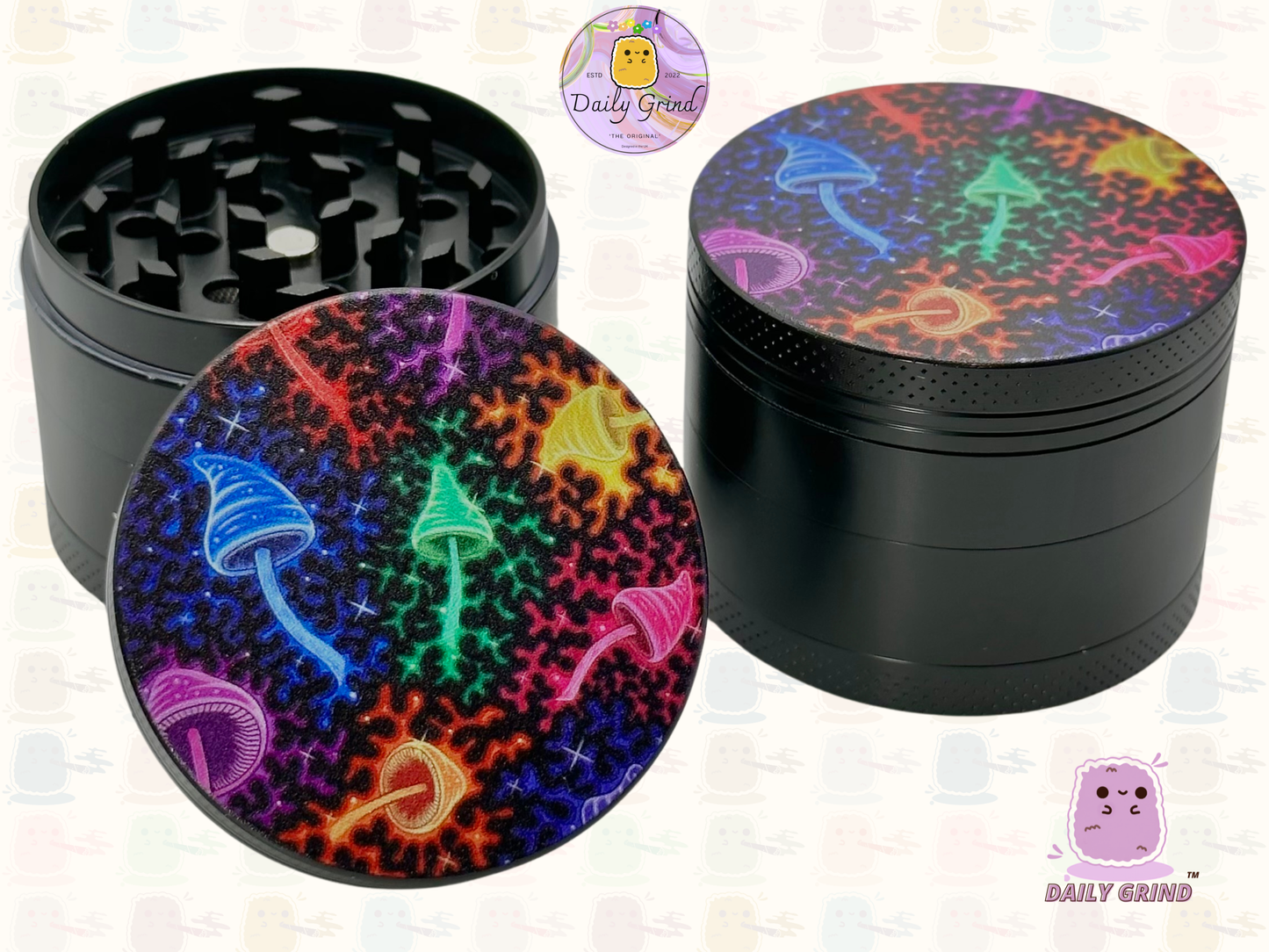 Neon Glowing Mushrooms - 50mm 4-Piece High Quality Metal Tobacco Herb Grinder Gift Idea