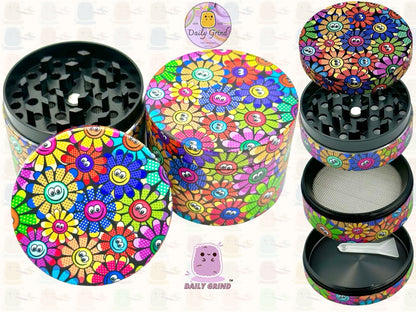 Cute Colourful Flower Faces 60's Retro Vintage - 50mm 4-Piece High Quality Custom Metal Tobacco Herb Grinder Gift Idea