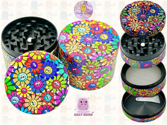 Cute Colourful Flower Faces 60's Retro Vintage - 50mm 4-Piece High Quality Custom Metal Tobacco Herb Grinder Gift Idea