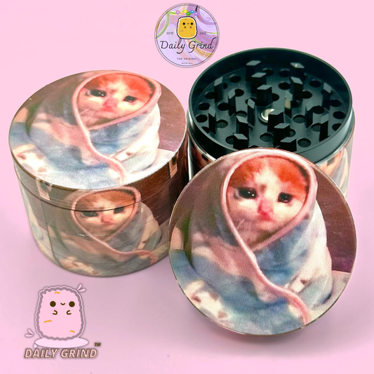 Sad Kitty Wrapped in Blanket Cute Funny Kawaii - 50mm 4-Piece High Quality Custom Metal Tobacco Herb Grinder Gift Idea