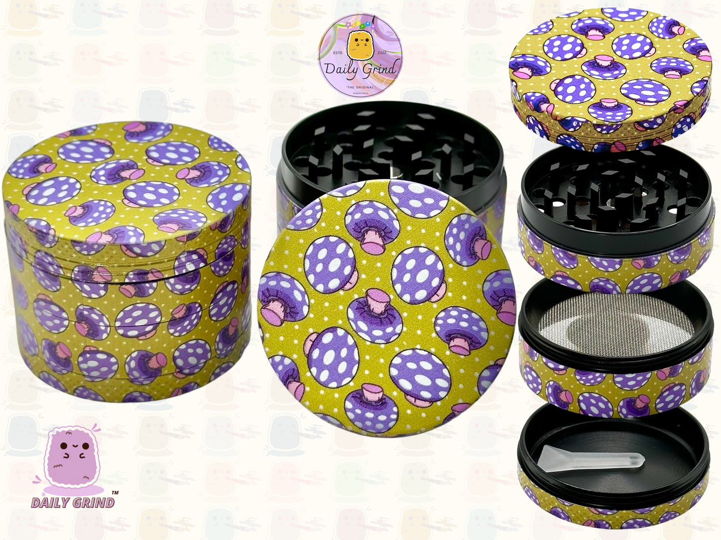 Purple Fly Agaric Mushroom Yellow - 50mm 4-Piece High Quality Custom Metal Tobacco Herb Grinder Gift Idea