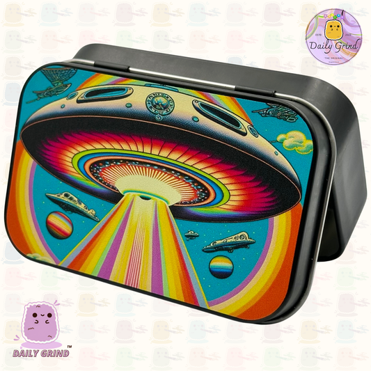 Diseño del espacio exterior de los planetas coloridos de la galaxia de los años 90, pastilla de tabaco negra de 2oz, monedas de alijo Baccy, cristales, joyería, tapa con bisagra, regalo de lata