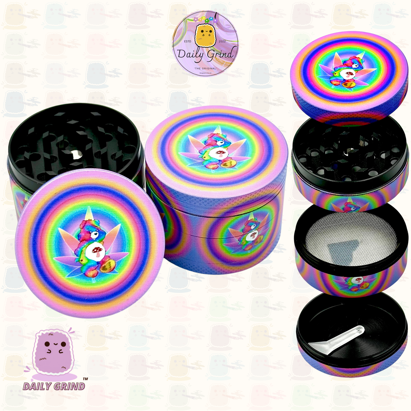 Ours coloré mignon psychédélique – 50 mm, 4 pièces, broyeur d'herbes en métal de haute qualité, cadeau 