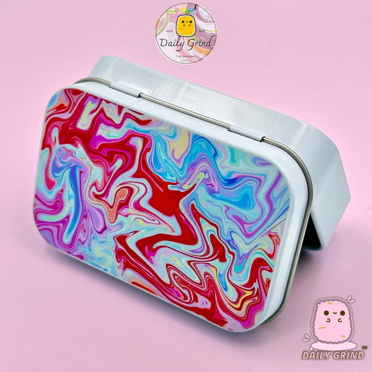 Metal líquido Pastel Tie Dye Colorido Rojo Azul 2oz Blanco Tabaco / Píldora / Baccy Stash Monedas Cristales Joyería Bisagra Tapa Lata Regalo