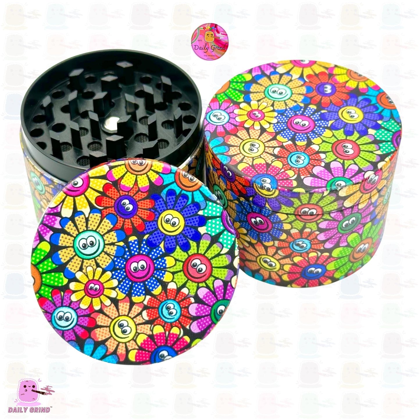 Smile Face Cute Colourful Flowers 60's 70's Design - 50mm 4-Piece High Quality Custom Metal Kitchen Herb Grinder Gift Idea