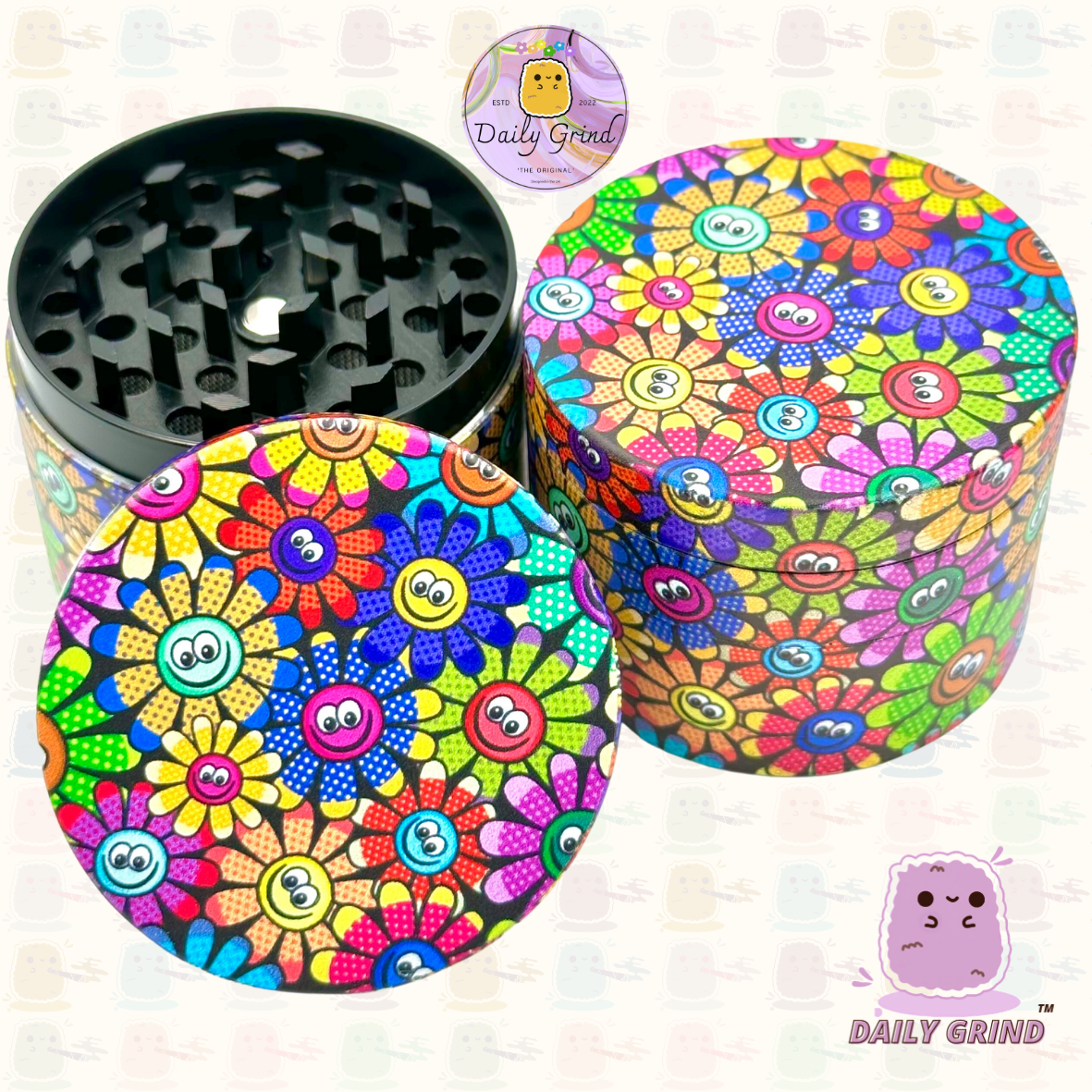 Cute Colourful Flower Faces 60's Retro Vintage - 50mm 4-Piece High Quality Custom Metal Tobacco Herb Grinder Gift Idea