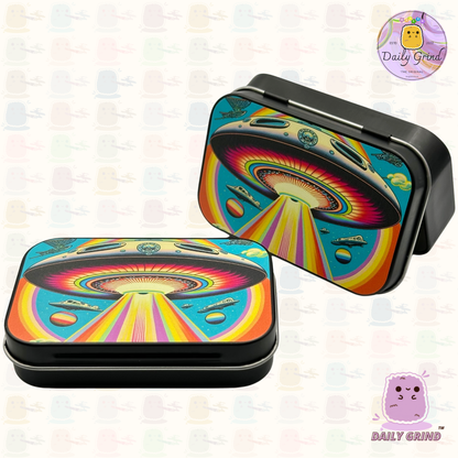 Années 90 Galaxie Planètes colorées Design de l'espace extra-atmosphérique 2oz Pilule de tabac noir Baccy Cachette Pièces Cristaux Bijoux Charnière Couvercle Étain Cadeau