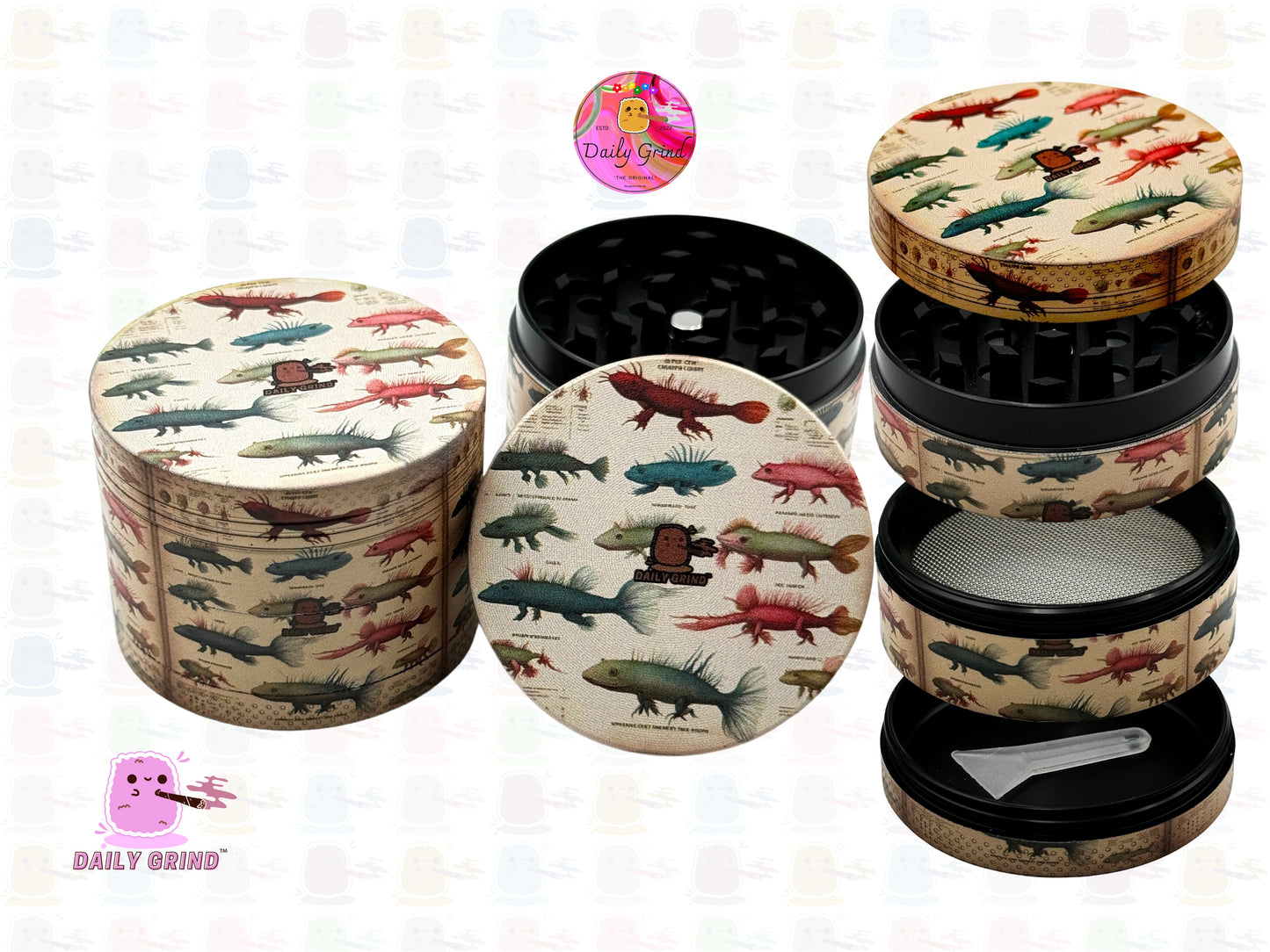 Fantasy Vintage Axolotl Type Creature Species Chart - 50mm Premium 4-Piece Custom Metal Kitchen Herb Grinder Gift Idea