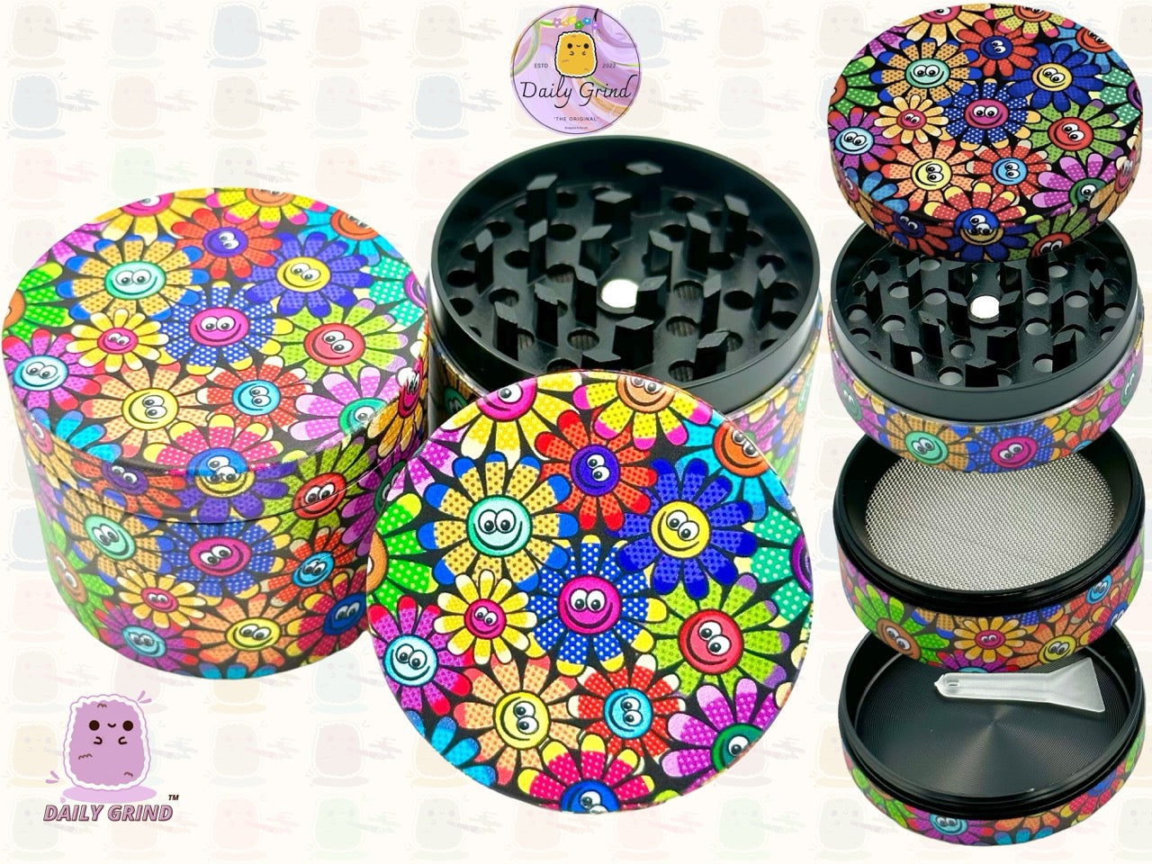 Cute Colourful Flower Faces 60's Retro Vintage - 50mm 4-Piece High Quality Custom Metal Tobacco Herb Grinder Gift Idea