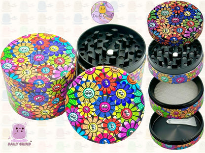 Cute Colourful Flower Faces 60's Retro Vintage - 50mm 4-Piece High Quality Custom Metal Tobacco Herb Grinder Gift Idea