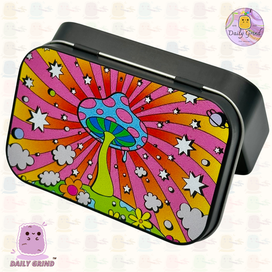 Hippy Mushroom Diseño de dibujos animados alucinógenos 2oz Tabaco negro / Píldora / Baccy / Stash Monedas Cristales Joyería Bisagra Tapa Lata Regalo