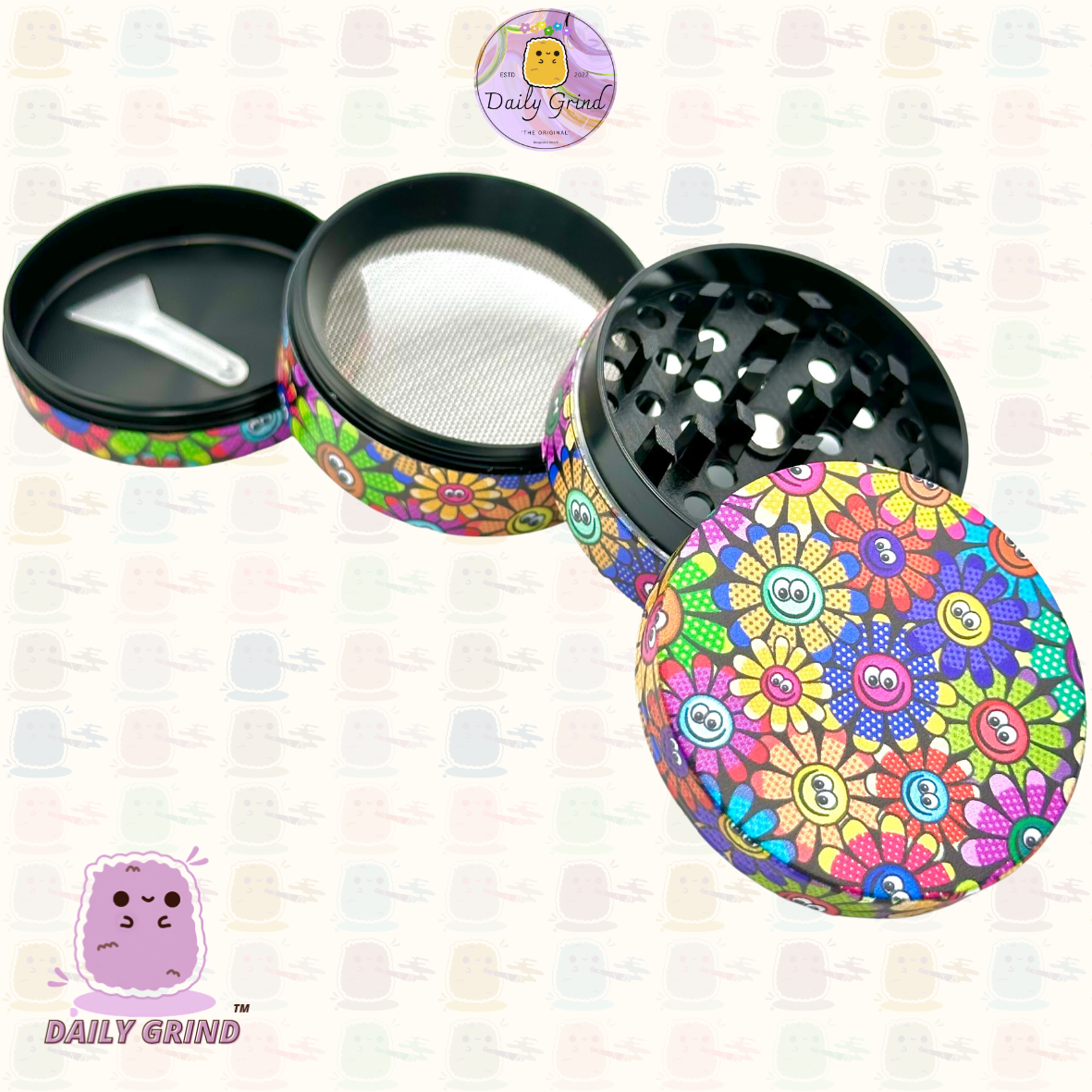 Cute Colourful Flower Faces 60's Retro Vintage - 50mm 4-Piece High Quality Custom Metal Tobacco Herb Grinder Gift Idea