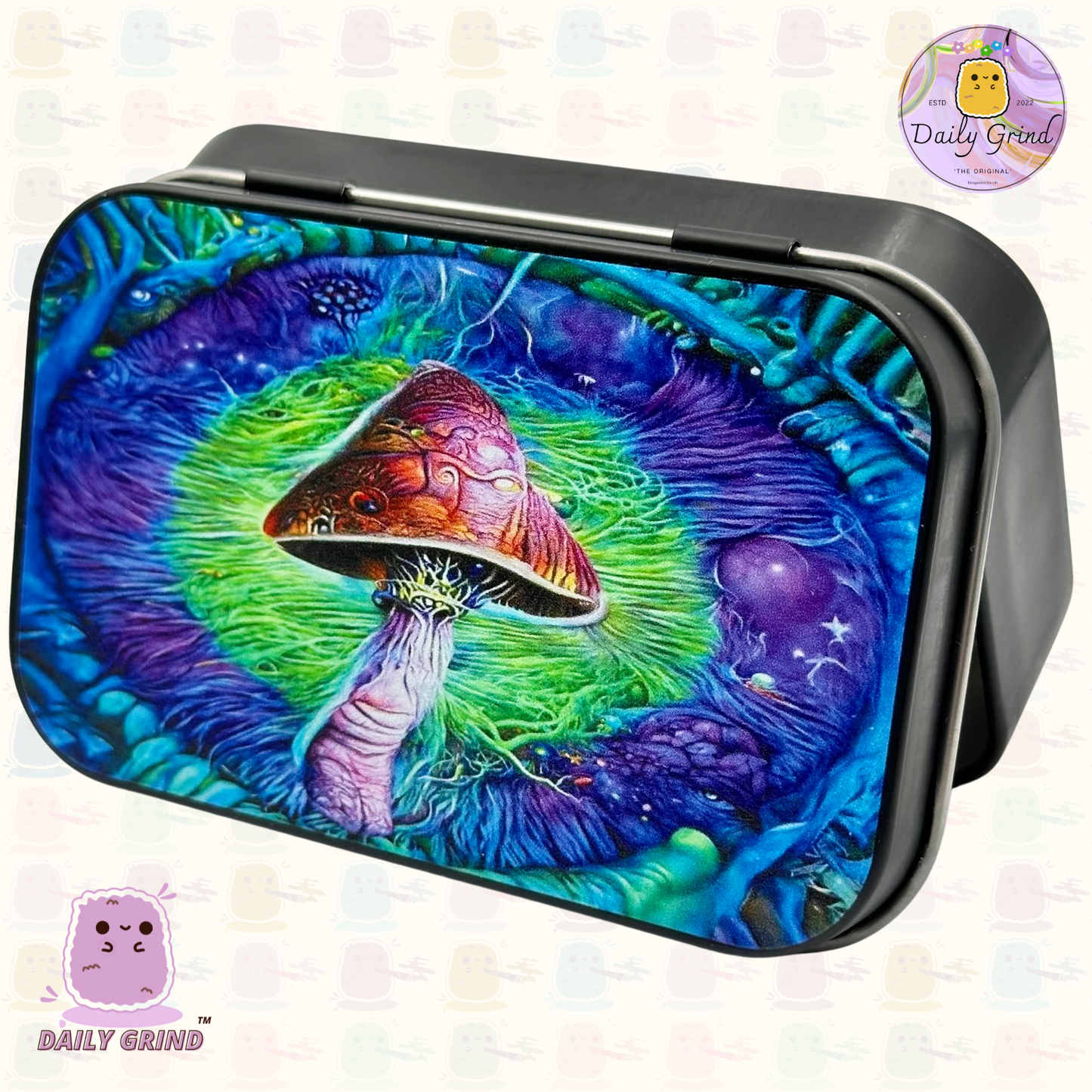Realistic Mushroom Art Green & Blue - 1oz Black / Crystal / Jewellery / Coins / Bits & Pieces / Hide / Money / Make-Up 1oz Black Hinge Lid Tin Box Gift - 9.5 x 6.2 x 2 cm - Cute Funny Metal Organiser Gift Idea