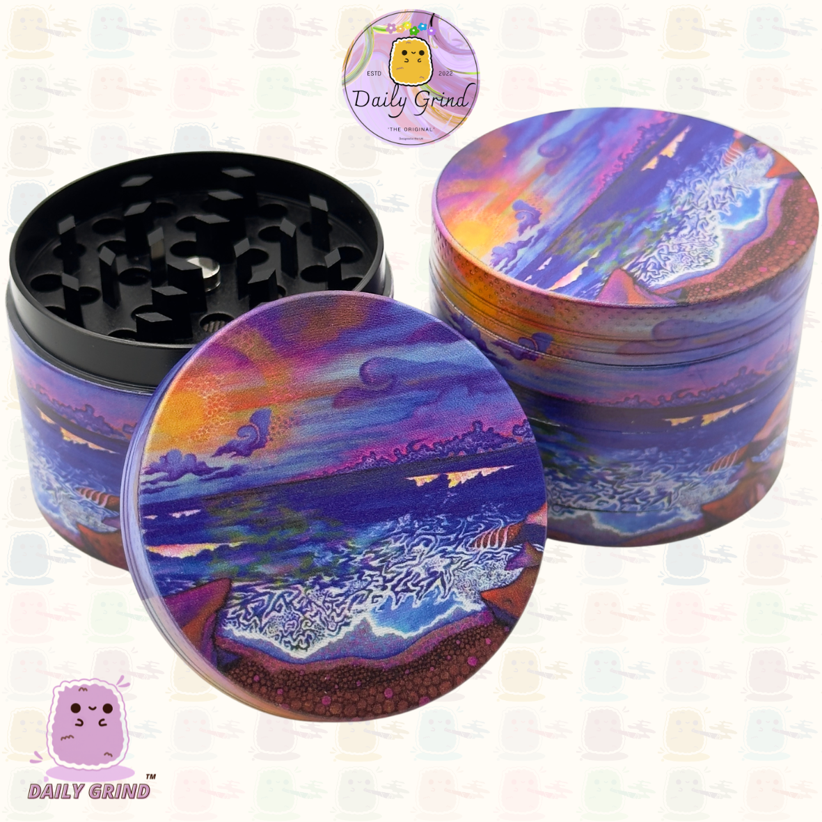 Coastal Sunset Surf Beach Trippy Art - 50mm Premium 4-Piece Custom Metal Tobacco Herb Grinder Gift Idea