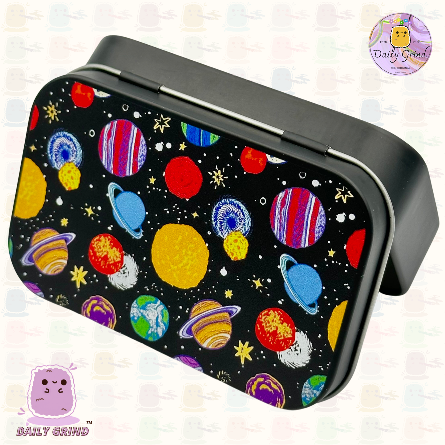 90's Galaxy Cartoon Planets - 1oz Black / Crystal / Jewellery / Coins / Bits & Pieces / Hide / Money / Make-Up 1oz Black Hinge Lid Tin Box Gift - 9.5 x 6.2 x 2 cm - Cute Funny Metal Organiser Gift Idea