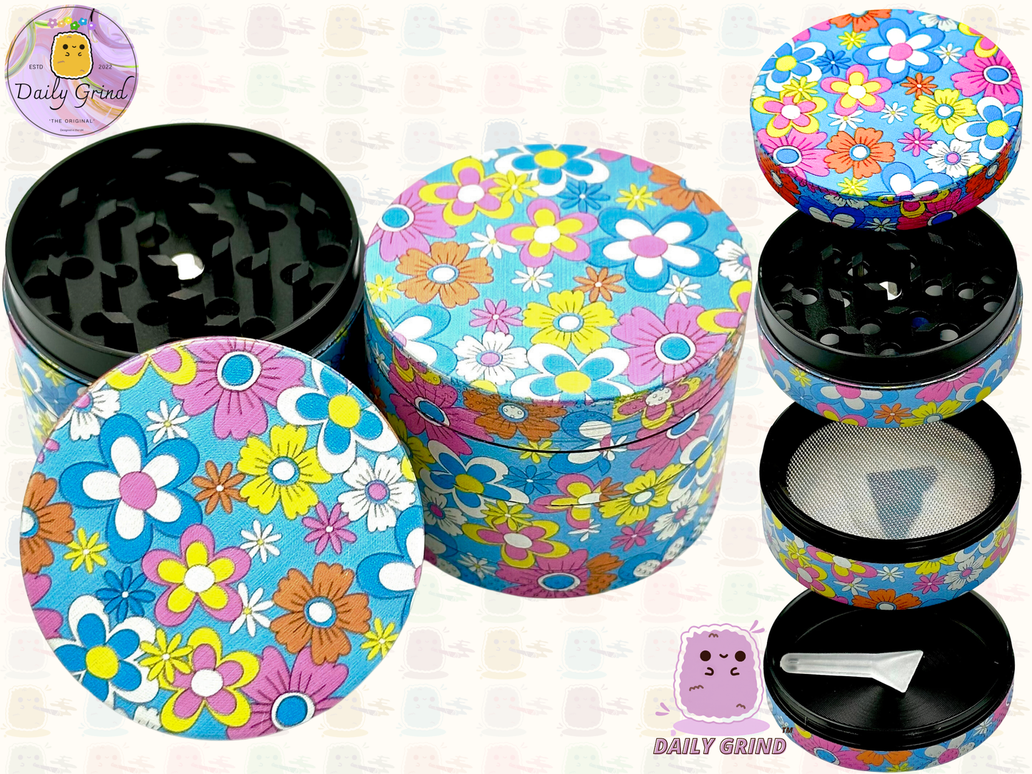 60's 70's Flower Floral Cute Pattern Beau design coloré - 50mm 4 pièces de haute qualité personnalisé métal herbe broyeur filles cadeau 