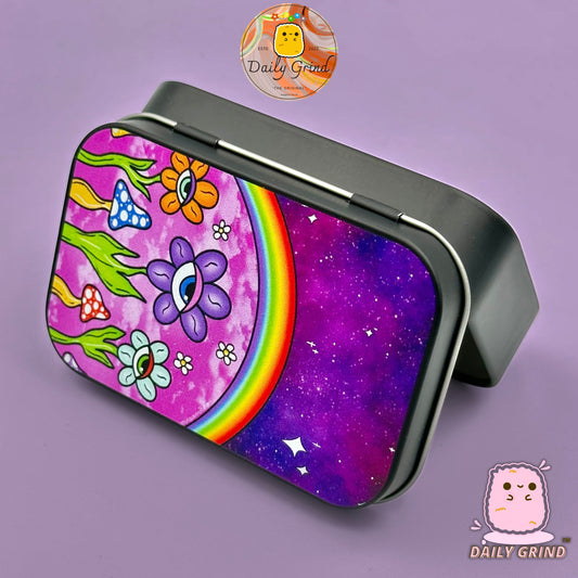 Diseño del espacio exterior de los planetas coloridos de la galaxia de los años 90, pastilla de tabaco negra de 2oz, monedas de alijo Baccy, cristales, joyería, tapa con bisagra, regalo de lata
