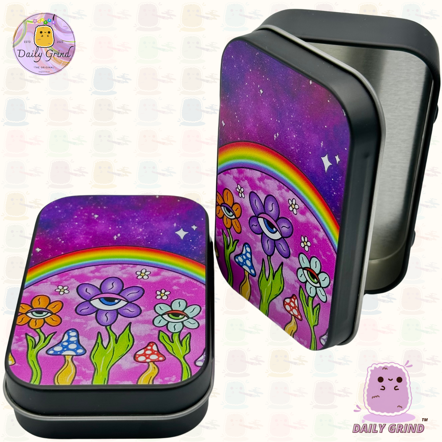Purple Flowers Eye - 1oz Black / Crystal / Jewellery / Coins / Bits & Pieces / Hide / Money / Make-Up 1oz Black Hinge Lid Tin Box Gift - 9.5 x 6.2 x 2 cm - Cute Funny Metal Organiser Gift Idea