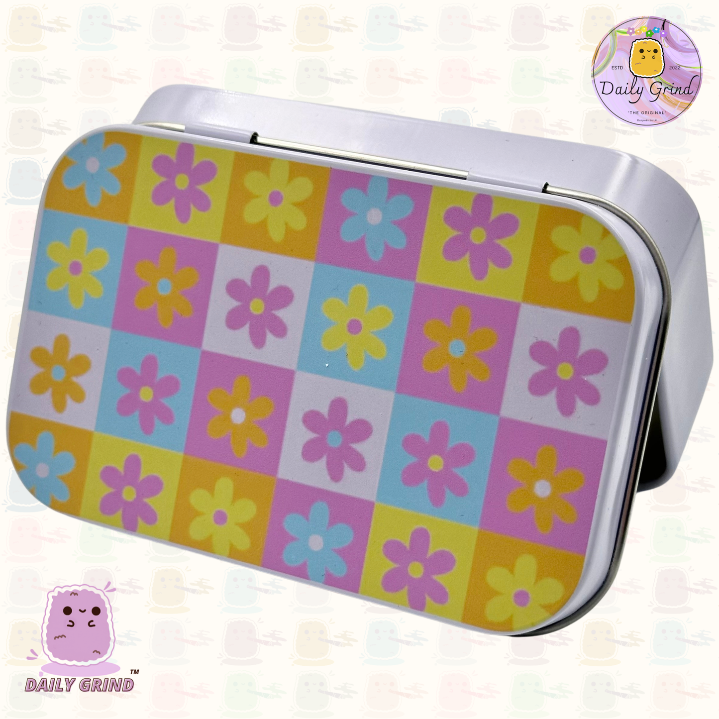 Cute Check Board Flowers Pastel Tones 1oz White / Crystal / Jewellery / Coins / Bits & Pieces / Hide / Money / Make-Up 1oz White Hinge Lid Tin Box Gift - 9.5 x 6.2 x 2 cm - Cute Funny Metal Organiser Gift Idea