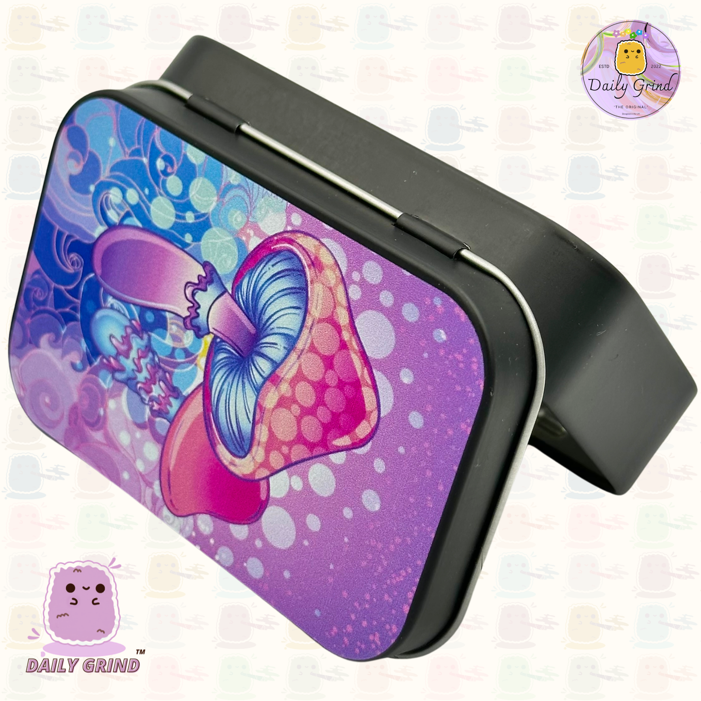 Seta púrpura Trippy Tie Dye 2oz Tabaco negro / Píldora / Baccy / Stash / Monedas / Cristales / Joyería Bisagra Tapa Lata Regalo