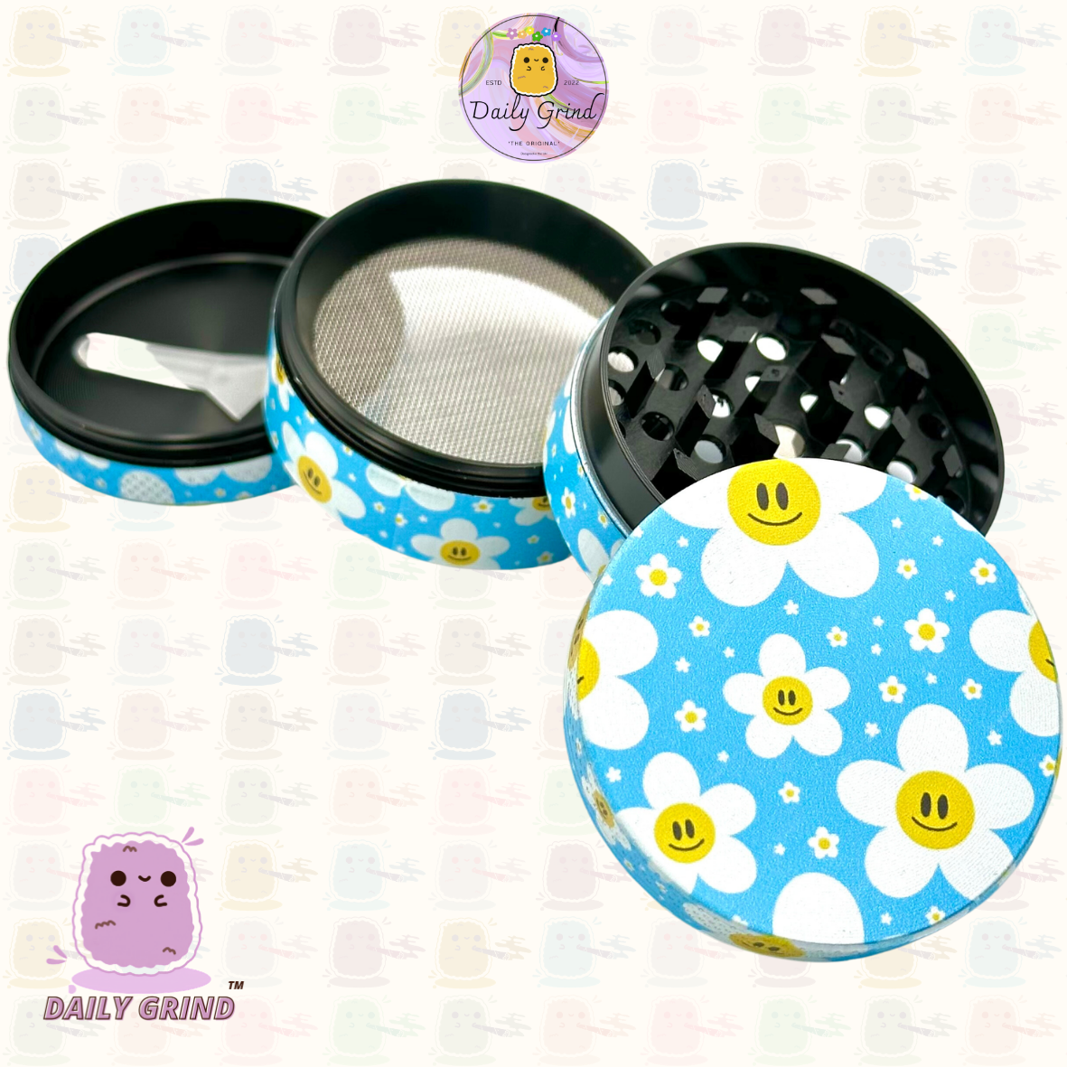 Cute Daisy Flowers Happy Design - 50mm 4-Piece High Quality Custom Metal Tobacco Herb Grinder Gift Idea