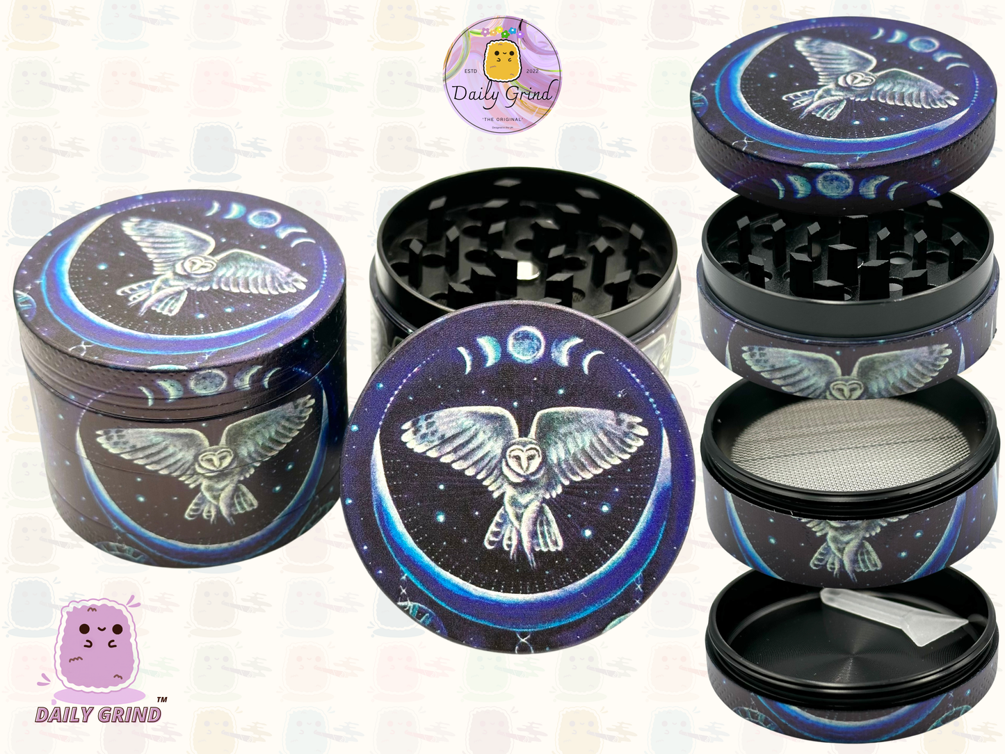 Night Owl In the Sky Moon - 50mm 4-Piece Premium Custom Metal Tobacco Herb Grinder Cute Gift Idea