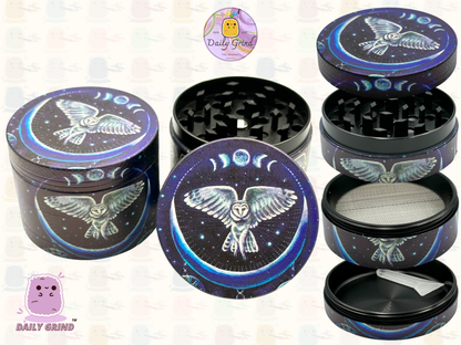 Night Owl In the Sky Moon - 50mm 4-Piece Premium Custom Metal Tobacco Herb Grinder Cute Gift Idea