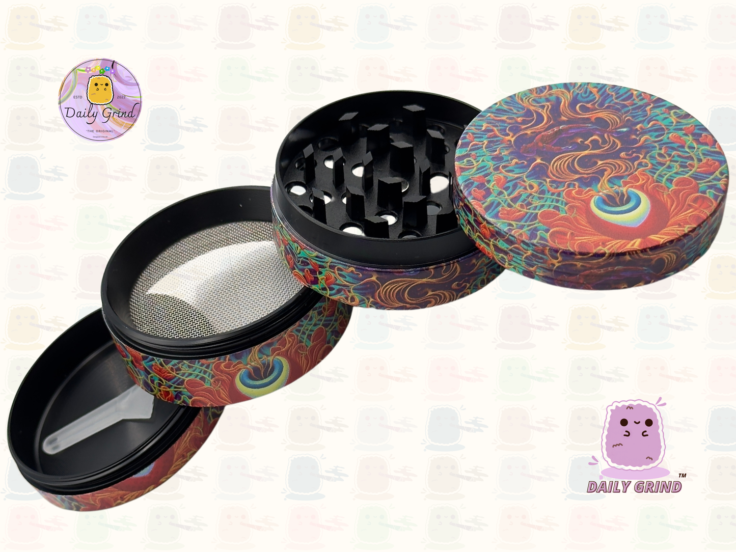 Motif Trippy coloré ondulé liquide Hallucination 50mm 4 pièces haute qualité personnalisé métal herbe broyeur cadeau 