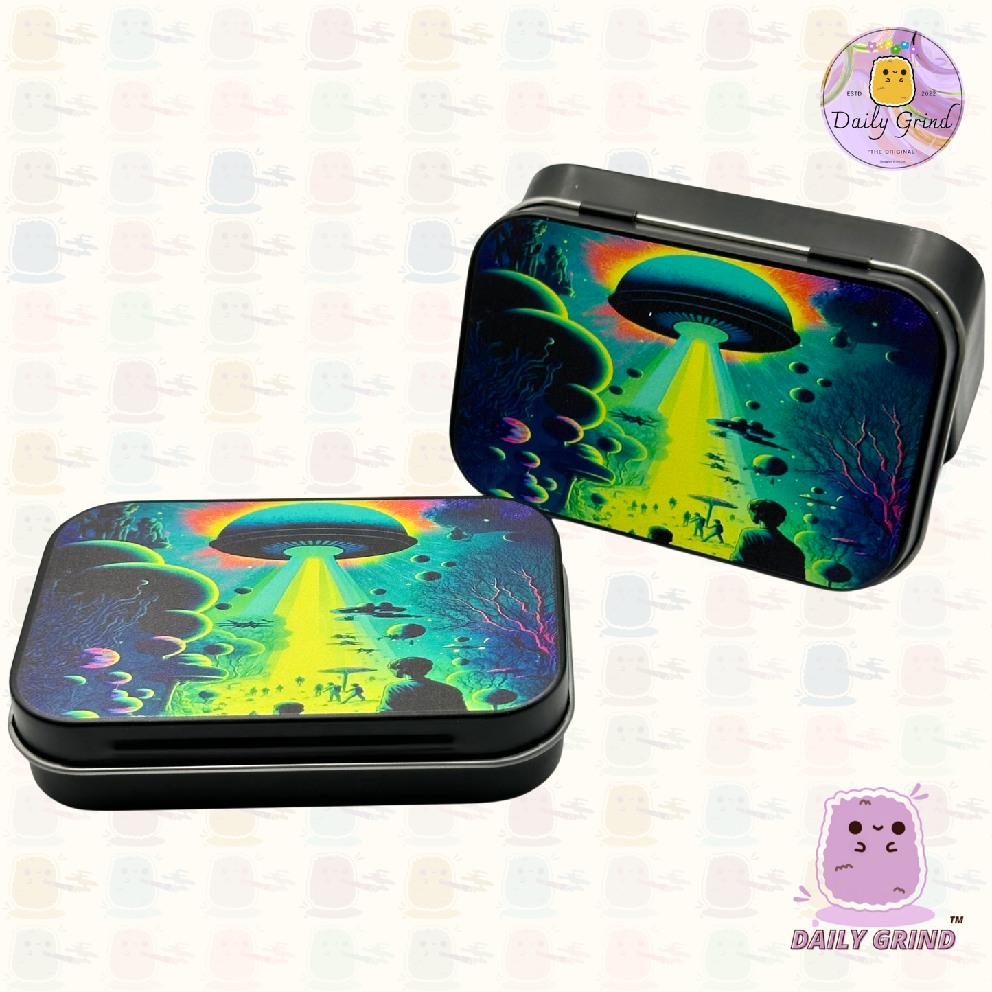 Alien Abduction UFO Green Scary 1oz Tabac noir / Pilule / Baccy / Cachette / Pièces de monnaie / Cristaux / Bijoux Charnière Couvercle Boîte en étain Cadeau