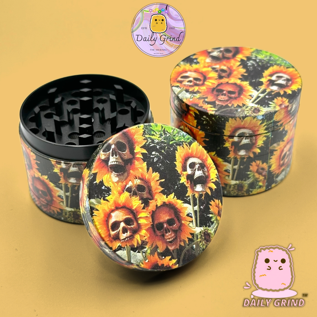 Sunflower Skull Flowers - 50mm 4-Piece Premium Custom Metal Tobacco Herb Grinder Cute Gift Idea