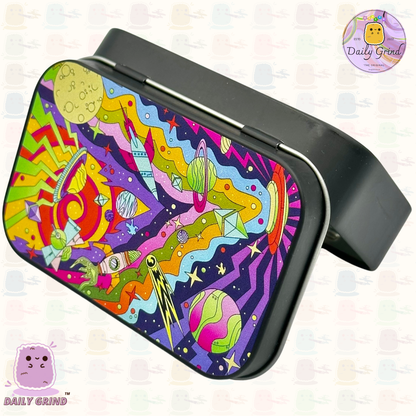 Crazy Cartoon Alien Abduction Colourful - 1oz Black / Crystal / Jewellery / Coins / Bits & Pieces / Hide / Money / Make-Up 1oz Black Hinge Lid Tin Box Gift - 9.5 x 6.2 x 2 cm - Cute Funny Metal Organiser Gift Idea