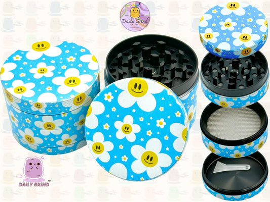 Cute Daisy Flowers Happy Design - 50mm 4-Piece High Quality Custom Metal Tobacco Herb Grinder Gift Idea