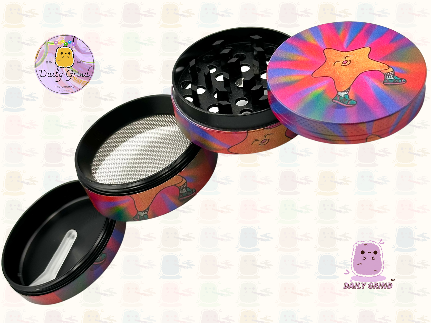 Happy Star Kawaii Tie Dye Cute - 50mm 4-Piece High Quality Custom Metal Tobacco Herb Grinder Gift Idea