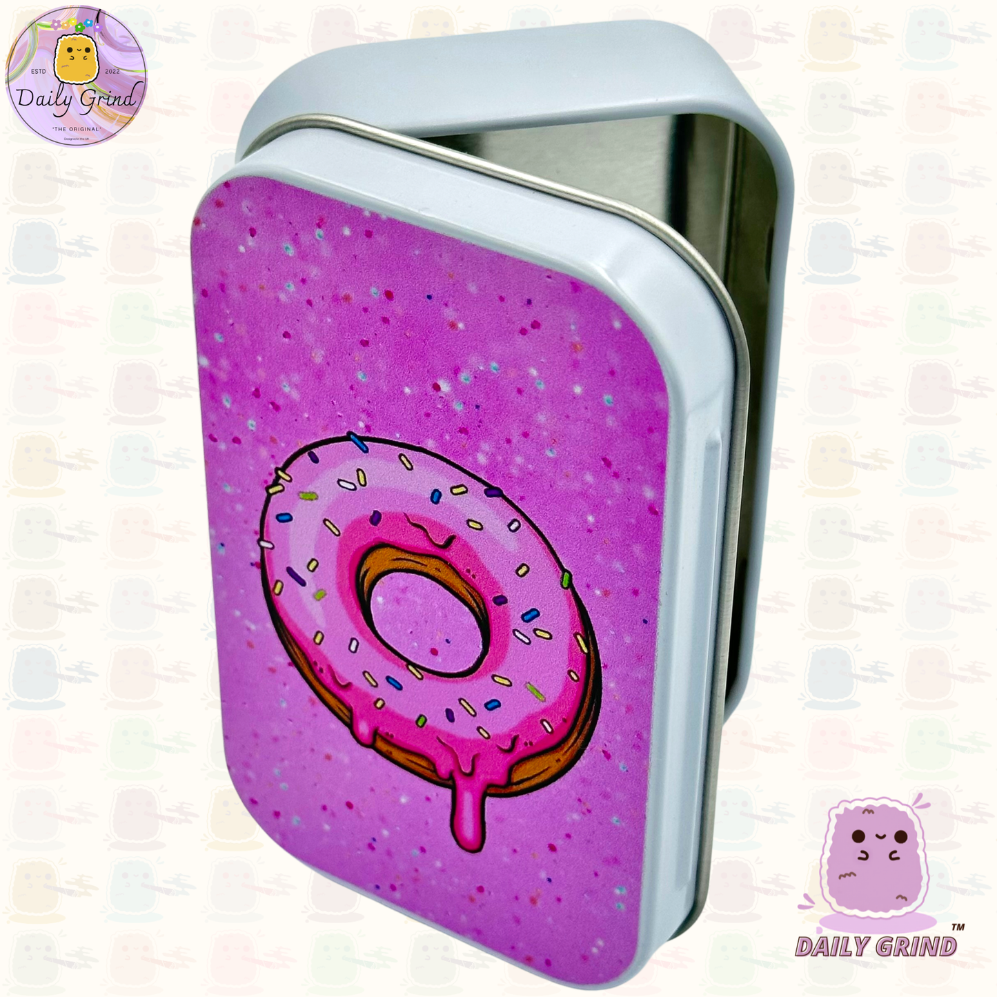 Donut esmerilado rosa con chispitas, diseño bonito, 2 oz, tabaco blanco/píldora, Baccy Stash, monedas, cristales, joyería, tapa con bisagra, regalo de lata