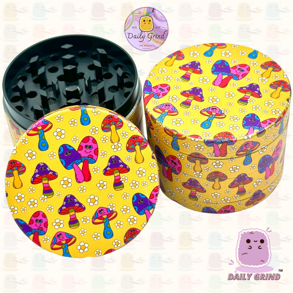 Mignons champignons amicaux fleurs heureuses jaune - 50mm 4 pièces de haute qualité personnalisé broyeur d'herbes en métal cadeau 