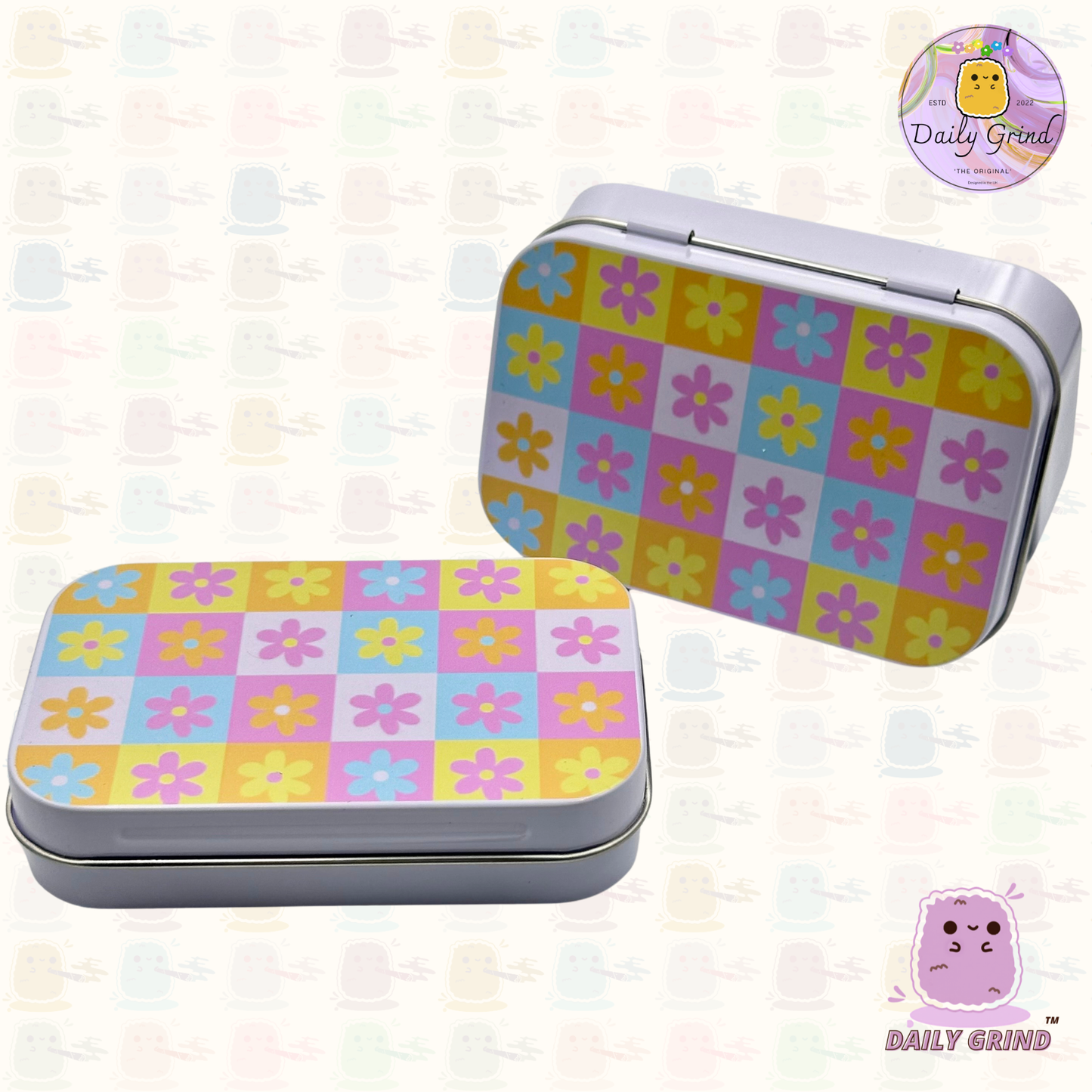 Cute Check Board Flowers Pastel Tones 1oz White / Crystal / Jewellery / Coins / Bits & Pieces / Hide / Money / Make-Up 1oz White Hinge Lid Tin Box Gift - 9.5 x 6.2 x 2 cm - Cute Funny Metal Organiser Gift Idea