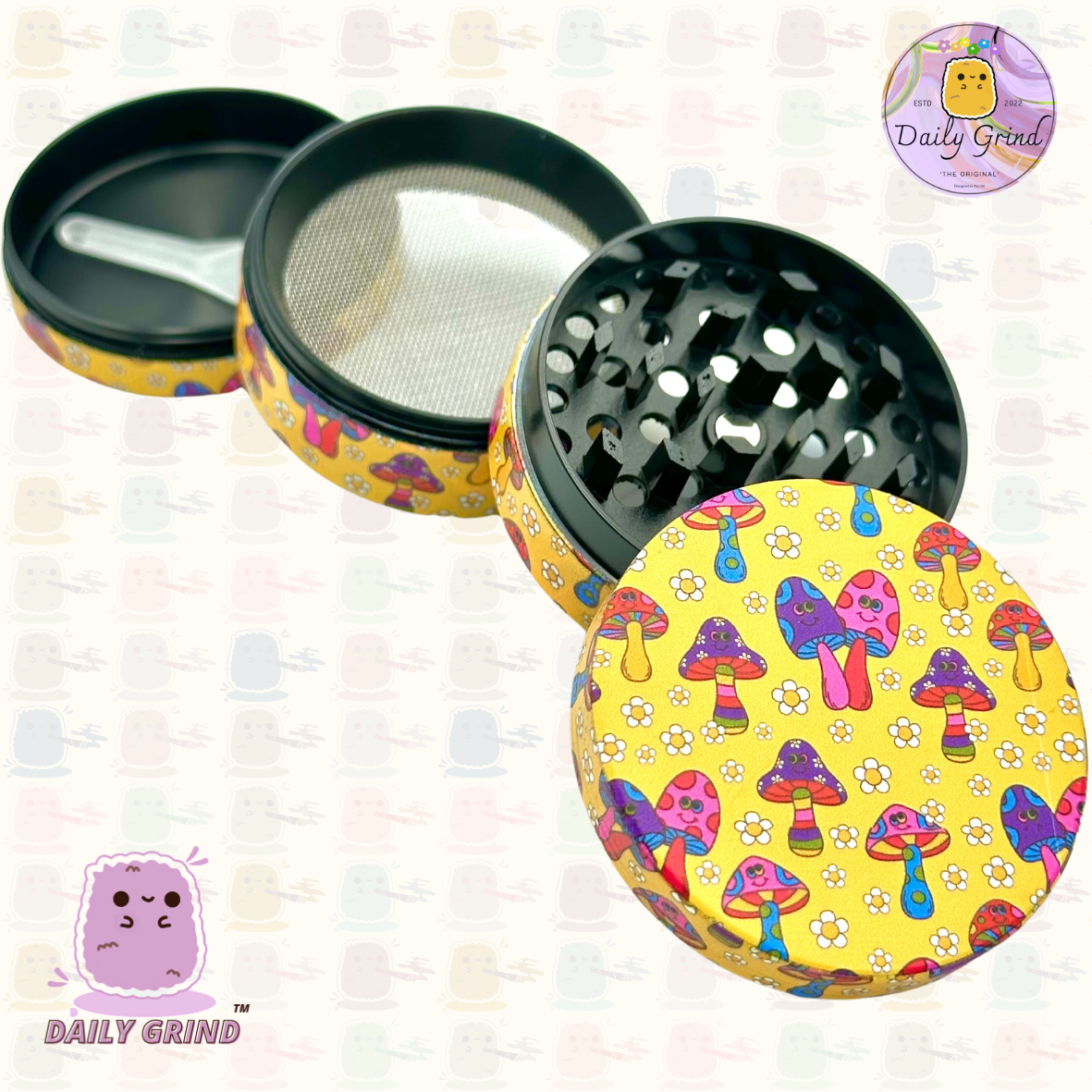 Mignons champignons amicaux fleurs heureuses jaune - 50mm 4 pièces de haute qualité personnalisé broyeur d'herbes en métal cadeau 