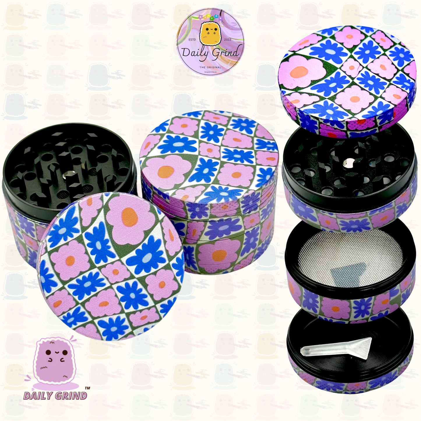 60's &amp; 70's Cute Flower Power Pink Purple Pattern - 50mm 4 Pièces Haute Qualité Custom Metal Herb Grinder Cadeau 