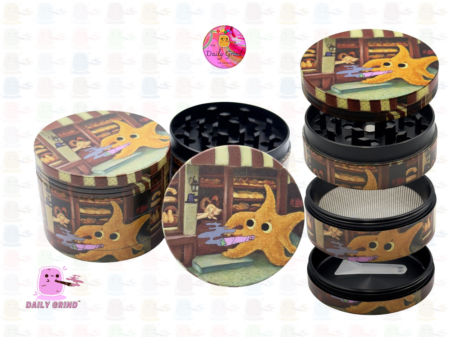 Cartoon French Bakery Patisserie Cute Starfish Smoking with Friends - 50mm Premium 4-Piece Custom Metal Kitchen Herb Grinder Gift Idea