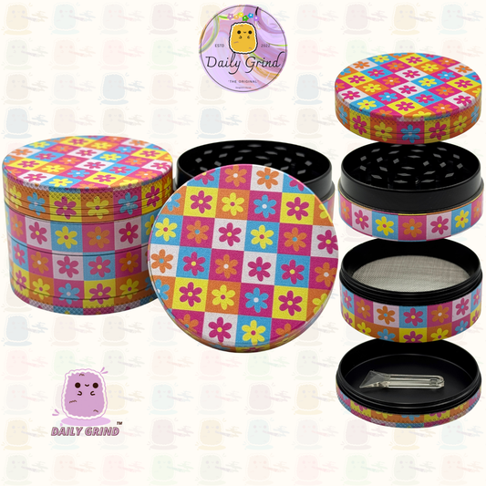 Cute Floral Check Board Pastel Colours - 50mm 4-Piece High Quality Custom Metal Tobacco Herb Grinder Gift Idea