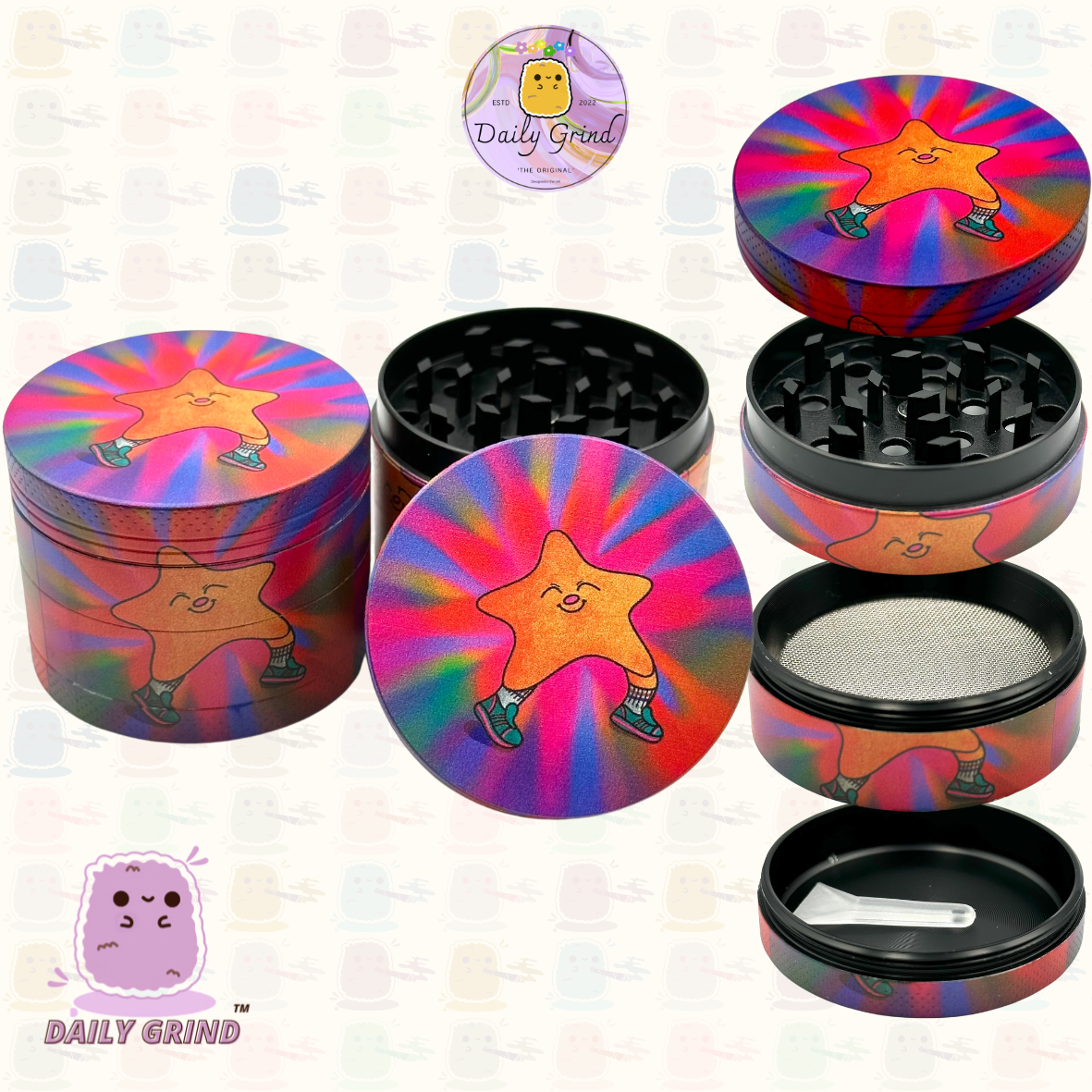 Happy Star Kawaii Tie Dye Cute - 50mm 4-Piece High Quality Custom Metal Tobacco Herb Grinder Gift Idea