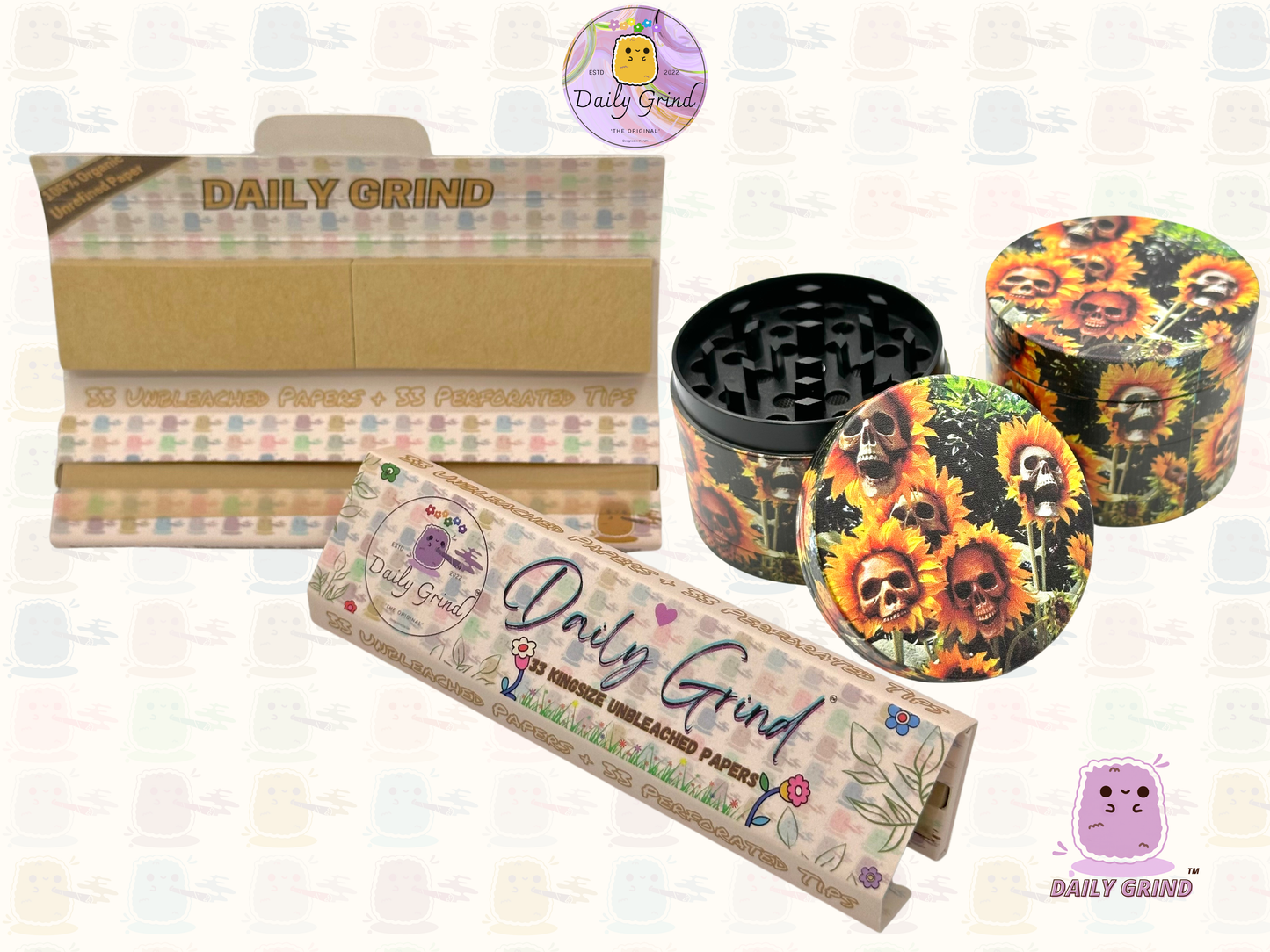 Sunflower Skull Flowers - 50mm 4-Piece Premium Custom Metal Tobacco Herb Grinder Cute Gift Idea