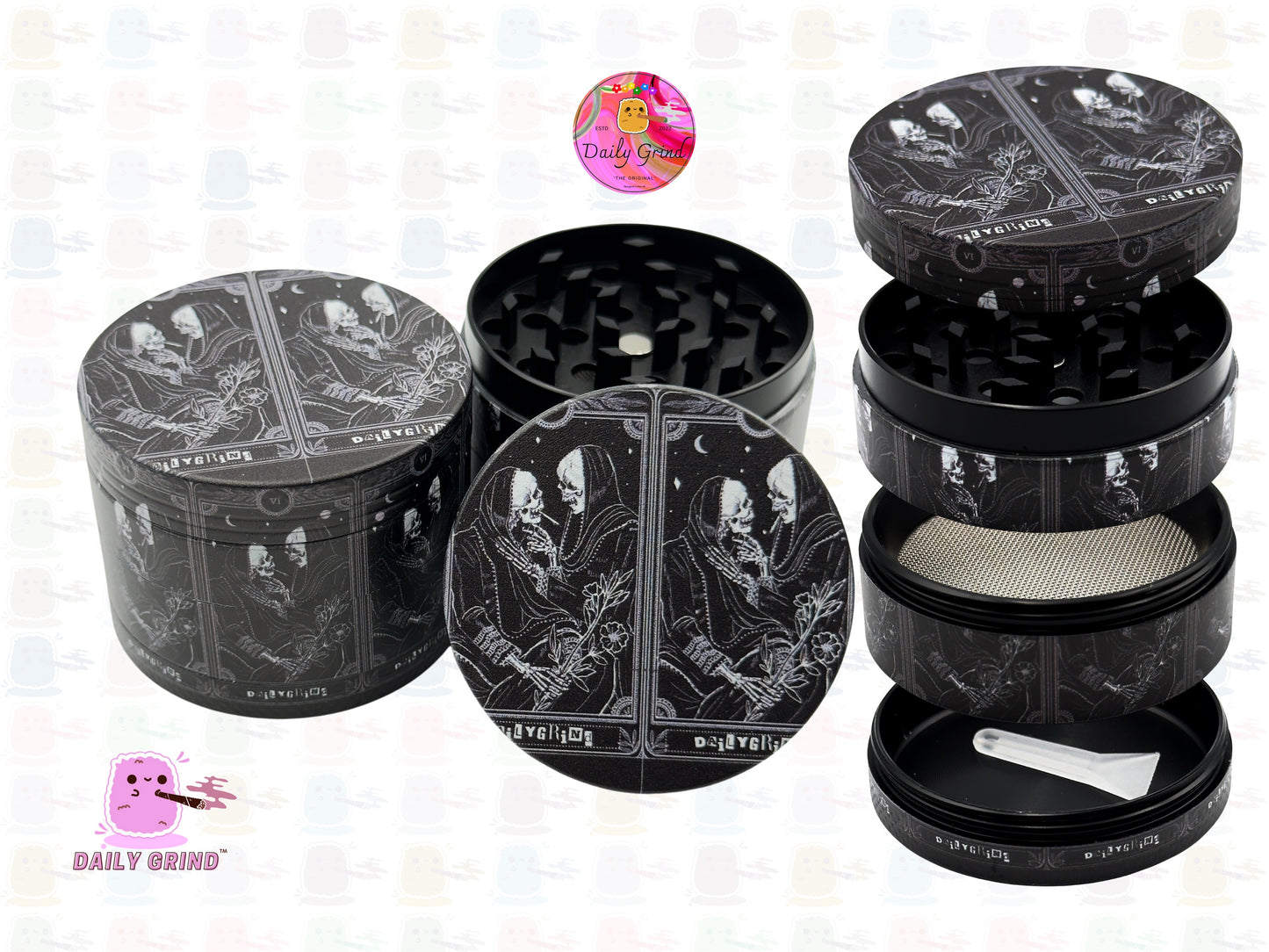 Tarot Card of Death Skeleton Romance Kiss - 50mm Premium 4-Piece Custom Metal Kitchen Herb Grinder Gift Idea