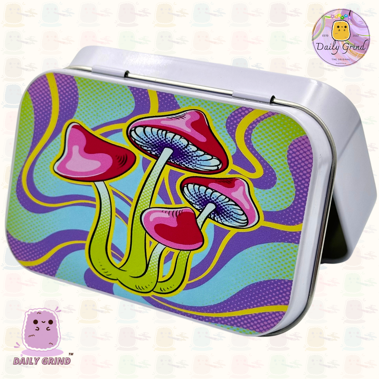 Colorido hongo Tie Dye lindo 1 oz tabaco blanco / píldora / Baccy / Stash / monedas / cristales / joyería tapa con bisagra caja de lata regalo