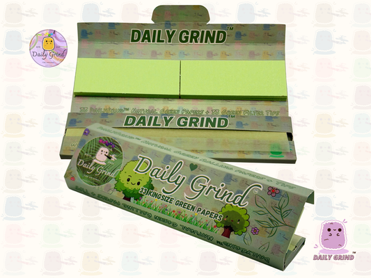 Papel de fumar tamaño king verde Daily Grind™ con puntas para cucarachas: ¡alta calidad, súper lindo! 33 Hojas + Tarjeta Filtro.