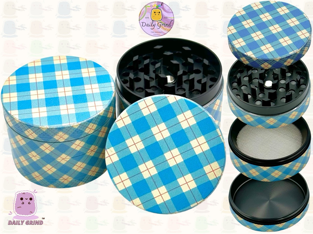 Blue Gingham Tartan Check Cute Cottage Pattern 50mm 4 Pièces Haute Qualité Personnalisé Métal Herb Grinder Cadeau 